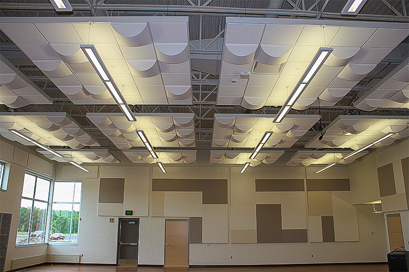 Speciality accoustic ceiling system installed in the choir room and gymnasium of a school